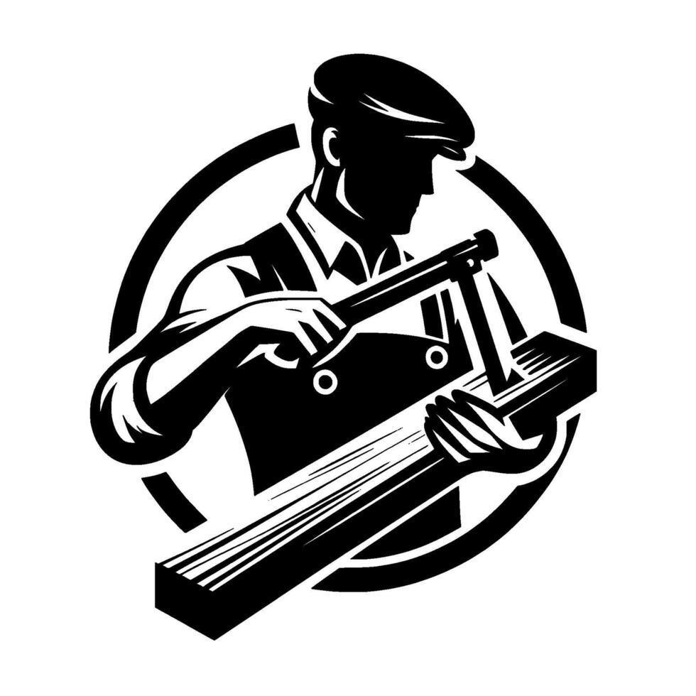 Classic black and white a carpenter with a saw cutting a wooden plank, inside a circle vector