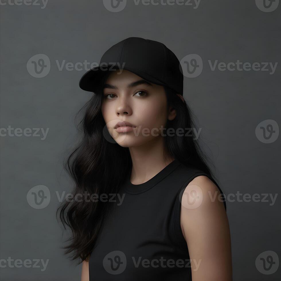A woman wearing a black tank top and baseball cap photo