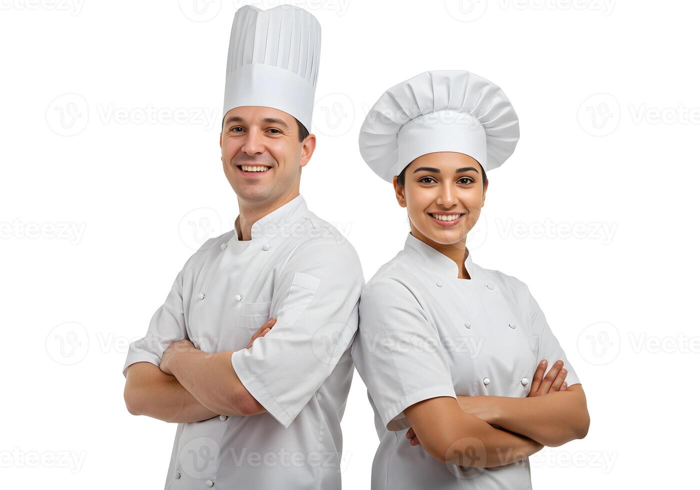 Professional Chefs Standing Back-to-Back in Culinary Uniforms Smiling Confidently 2 photo