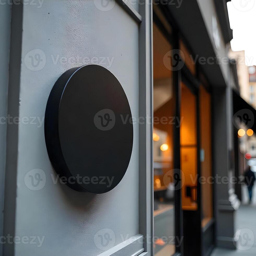A black circular light is mounted on the side of a building photo