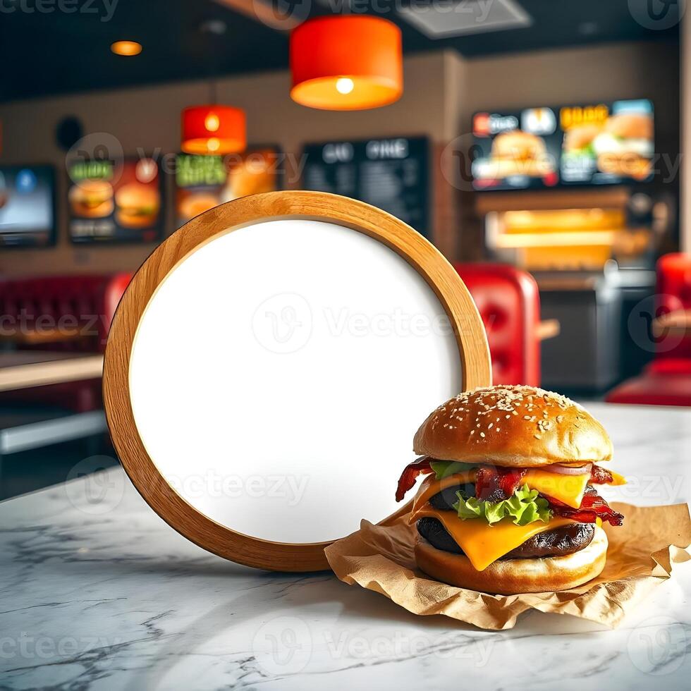 A hamburger with a blank sign on a table in front of a fast food restaurant photo