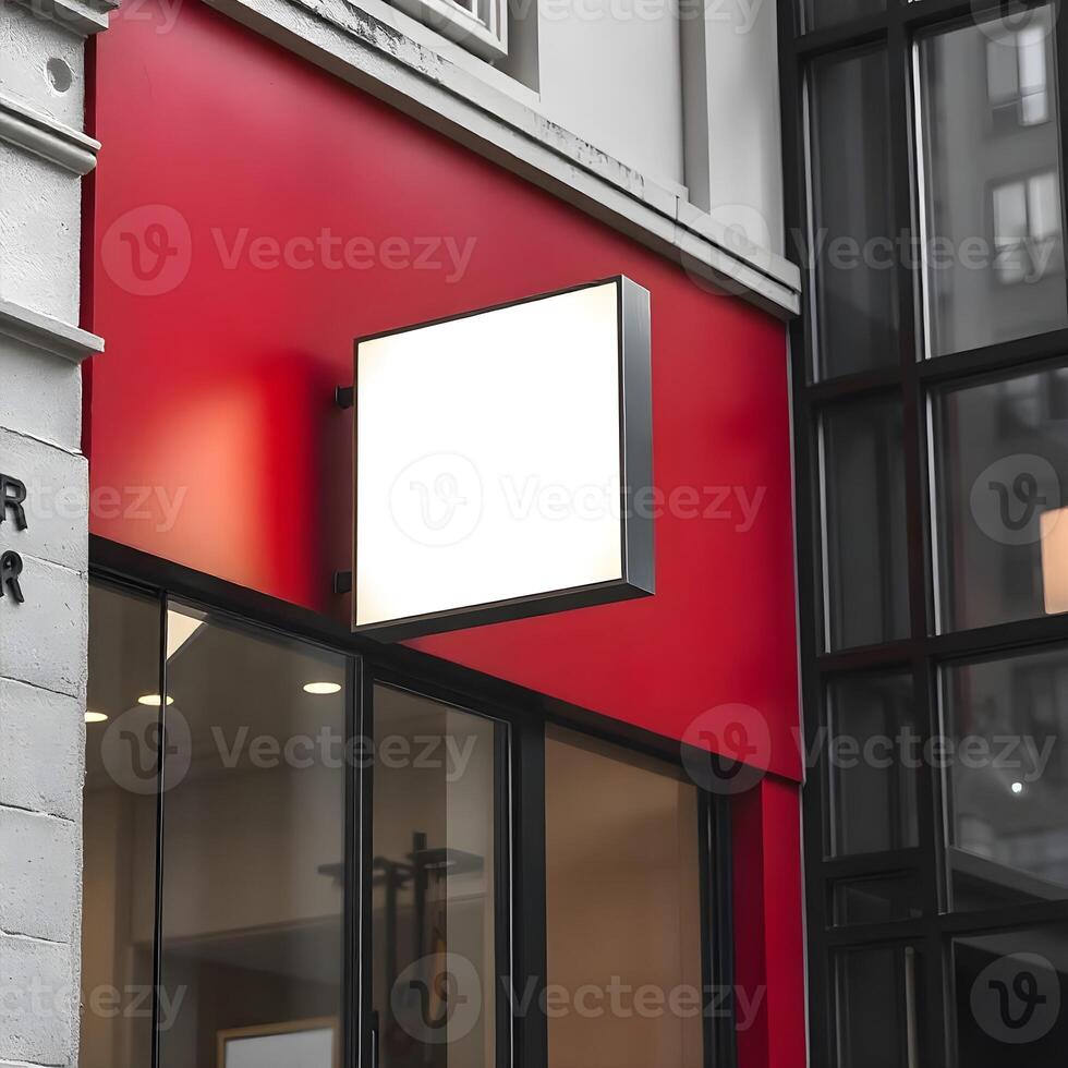 A white square sign is hanging on the side of a building photo
