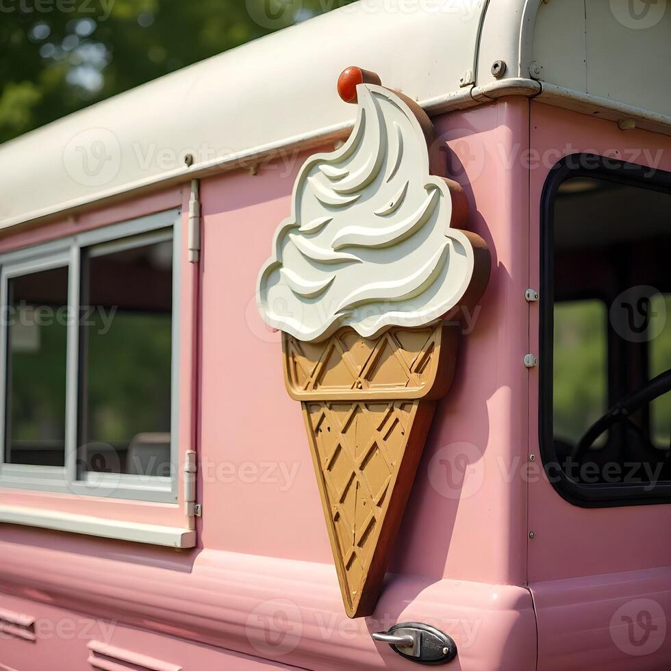 An ice cream truck with a sign that says ice cream photo