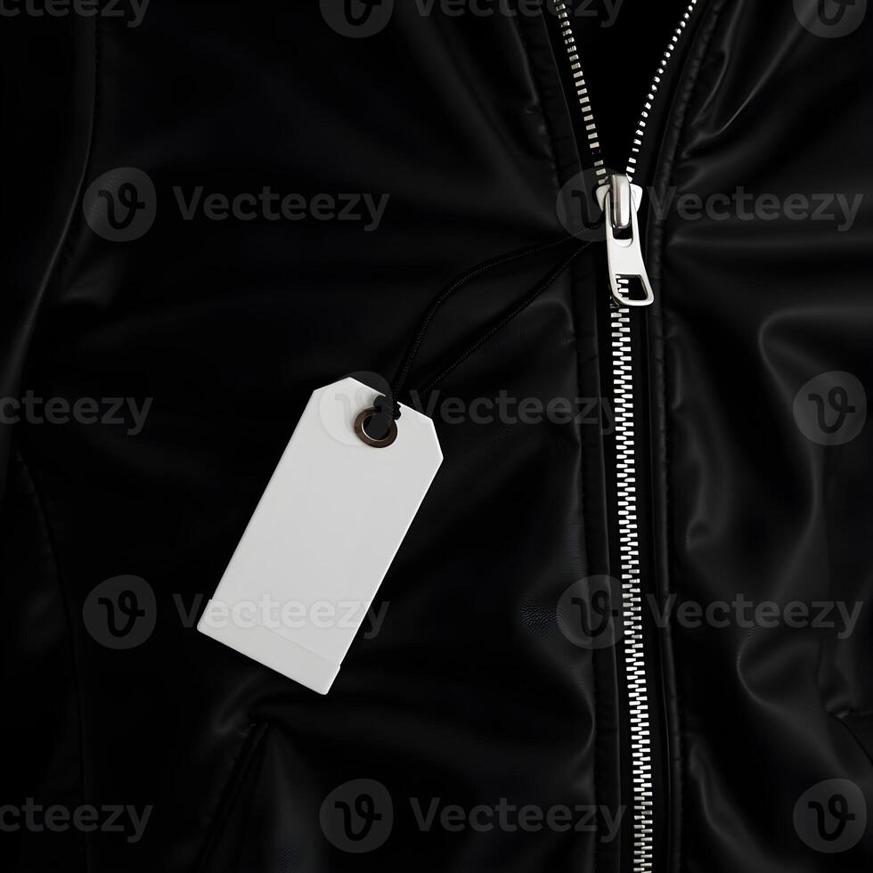 A black jacket with a white tag hanging from the zipper photo