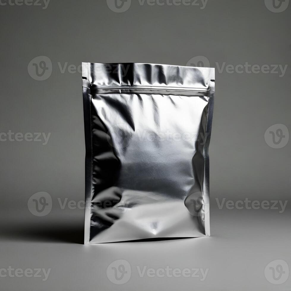 Silver Foil Pouch for Storage and Packaging on Plain Background for Logo Mockup, Branding, or Template photo
