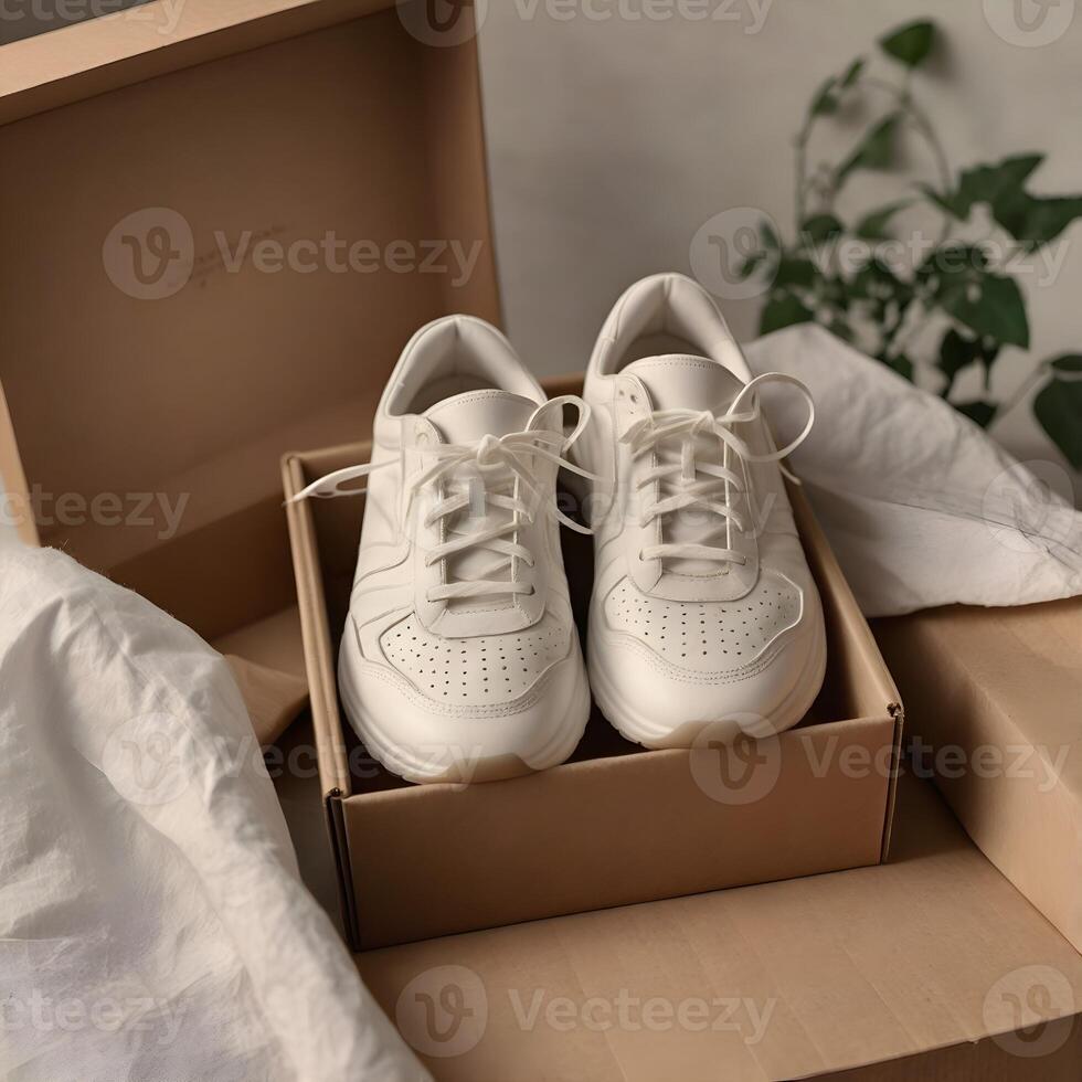 A pair of white sneakers in a box on a table photo