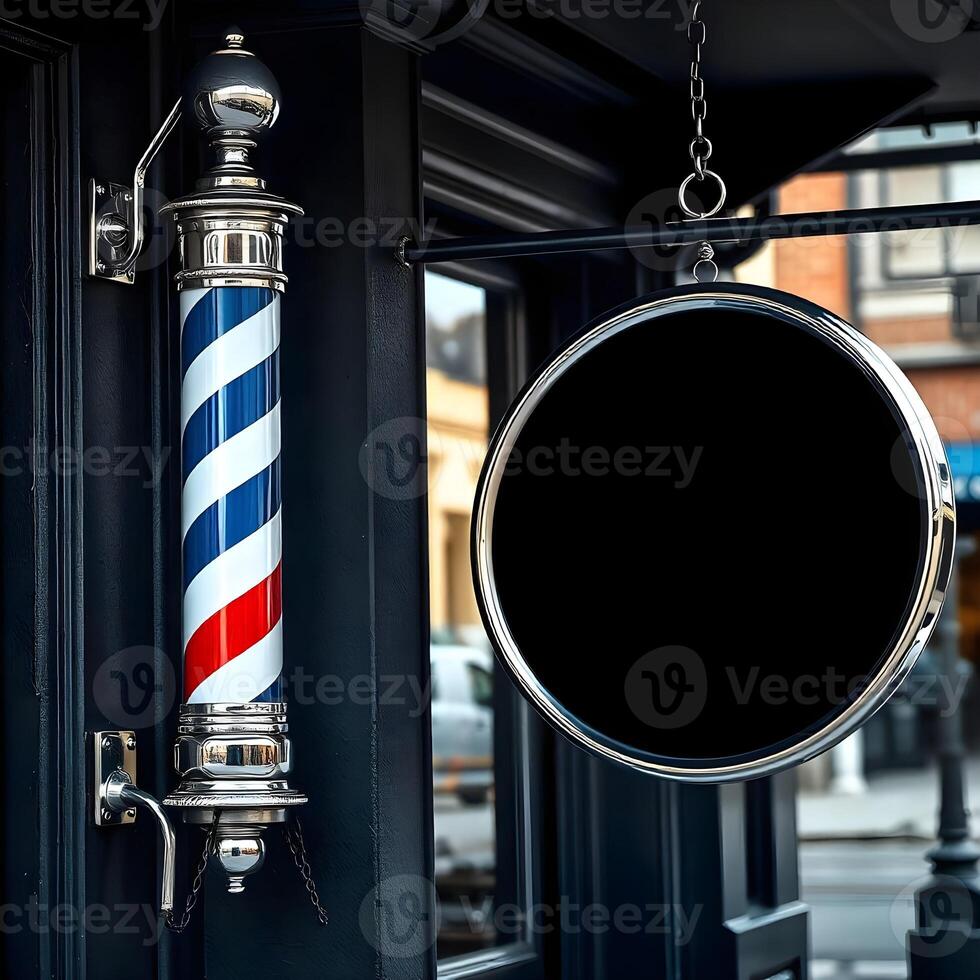 Barber pole and round mirror in front of a black door photo