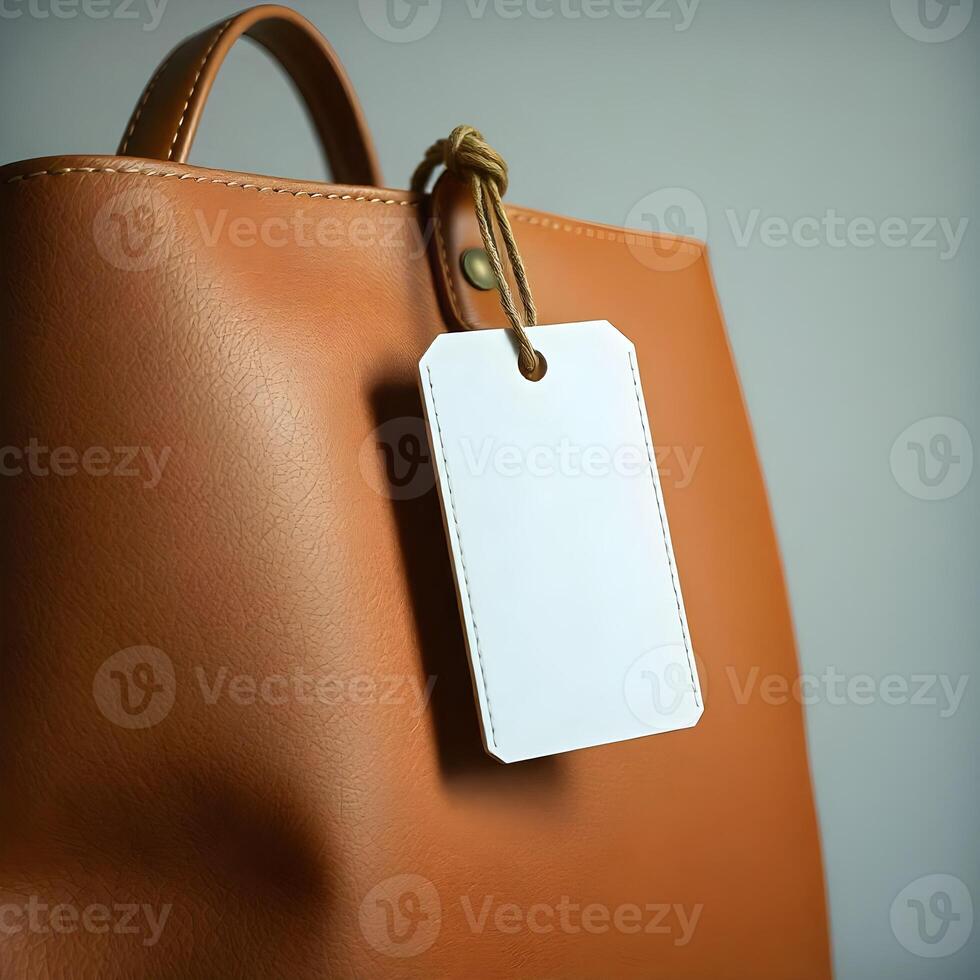 A brown leather bag with a white tag hanging from the handle photo