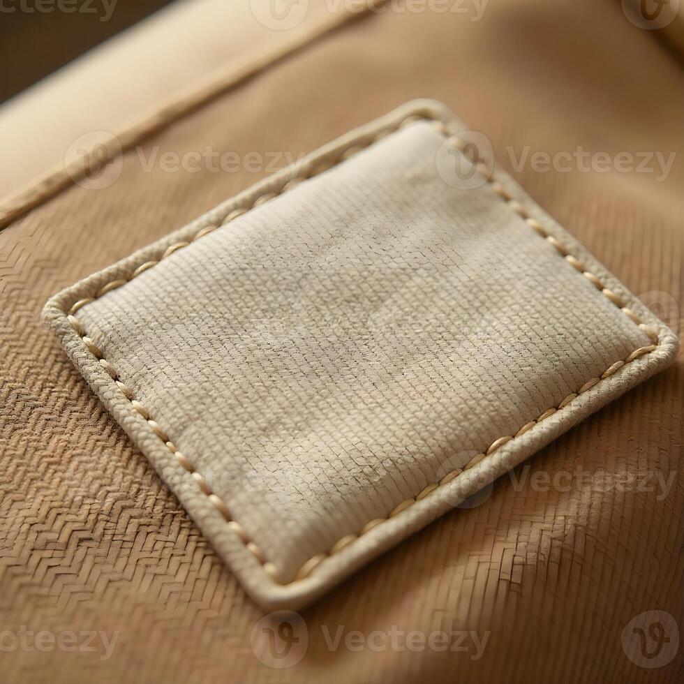 Detailed view of a small leather patch on the back of a beige fabric for mockup 1 photo