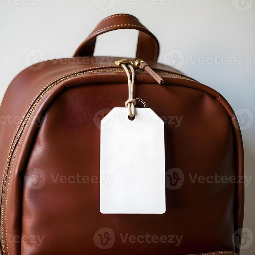 Brown leather luggage with luggage tag on white background photo