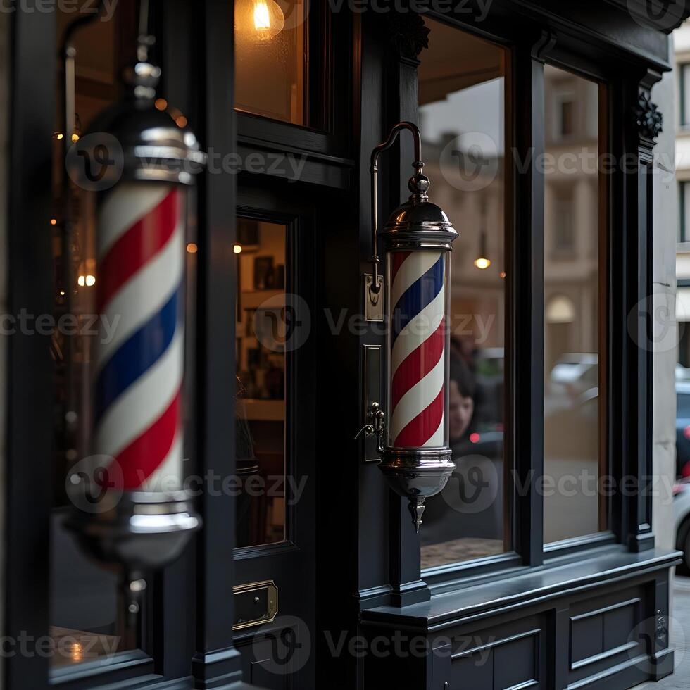 A barber shop with two red and white striped poles photo