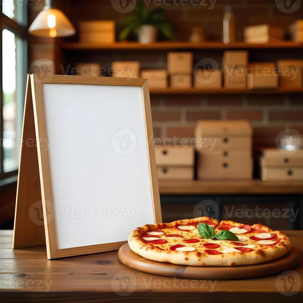 Pizza with blank sign on wooden table photo