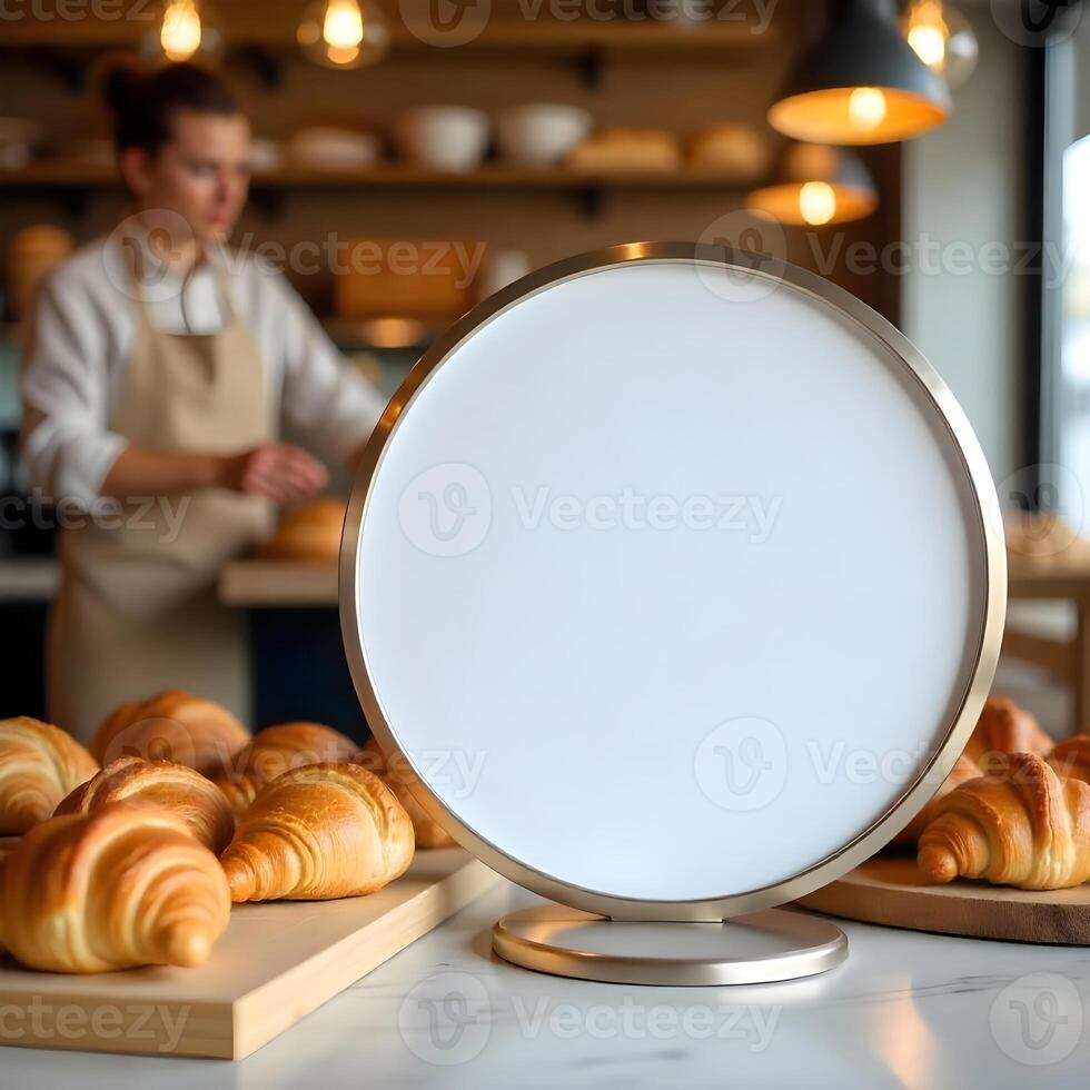 A woman in a bakery with a round sign on a table photo