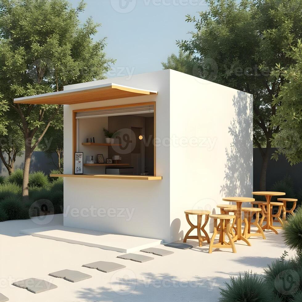 A small white building with a bar and chairs photo