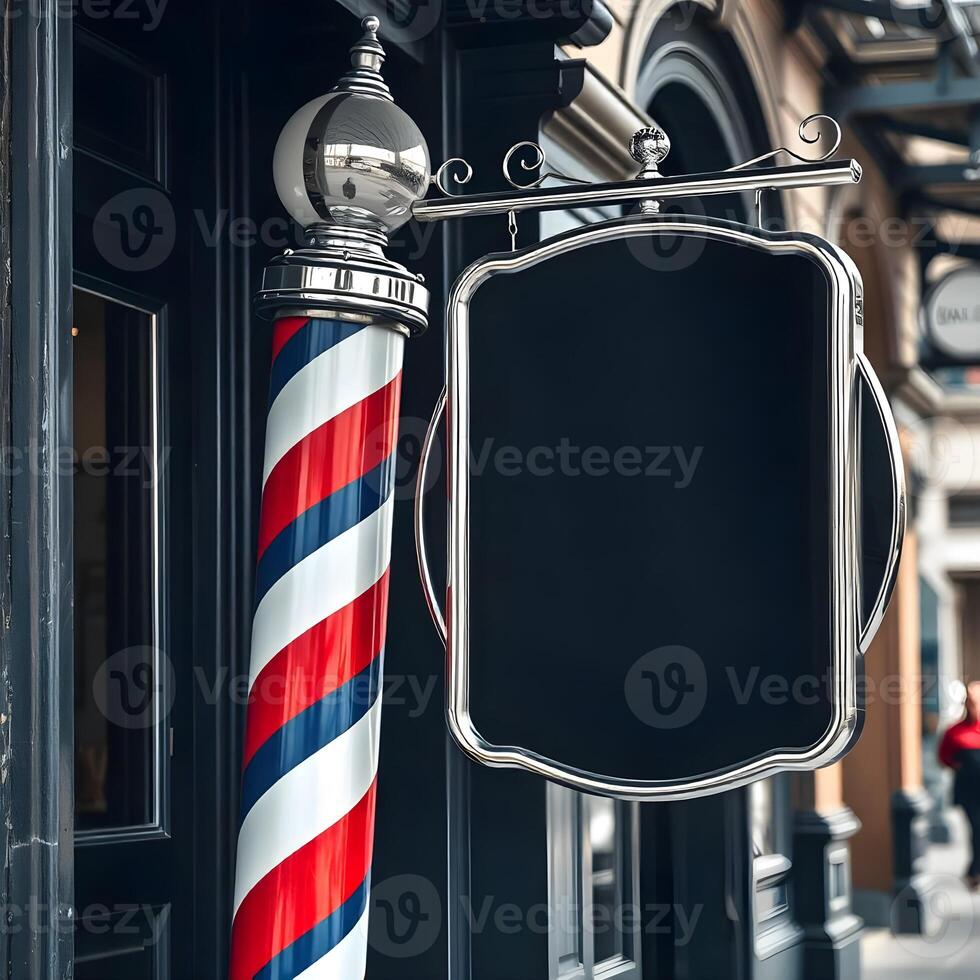A barber pole with a red, white and blue striped pole photo