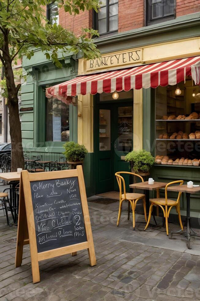 A sidewalk with a sidewalk cafe photo