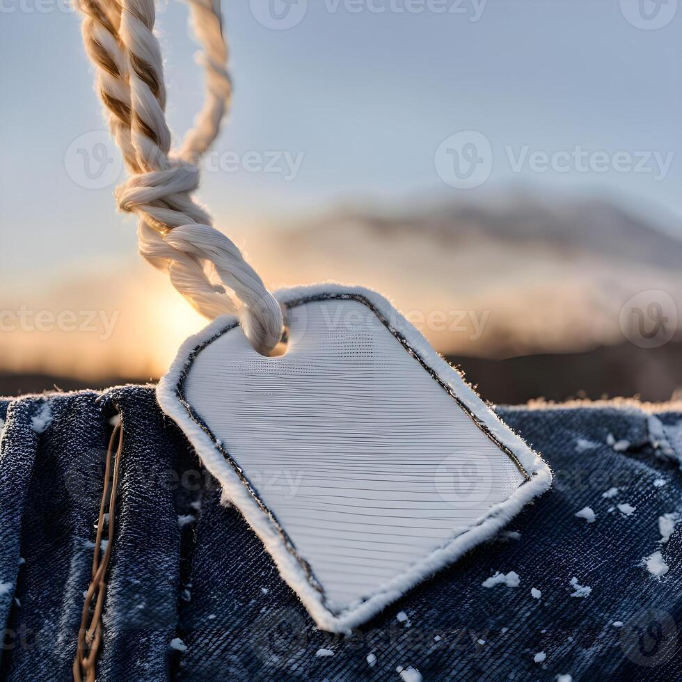 A white tag hanging from a rope on a blue jeans photo
