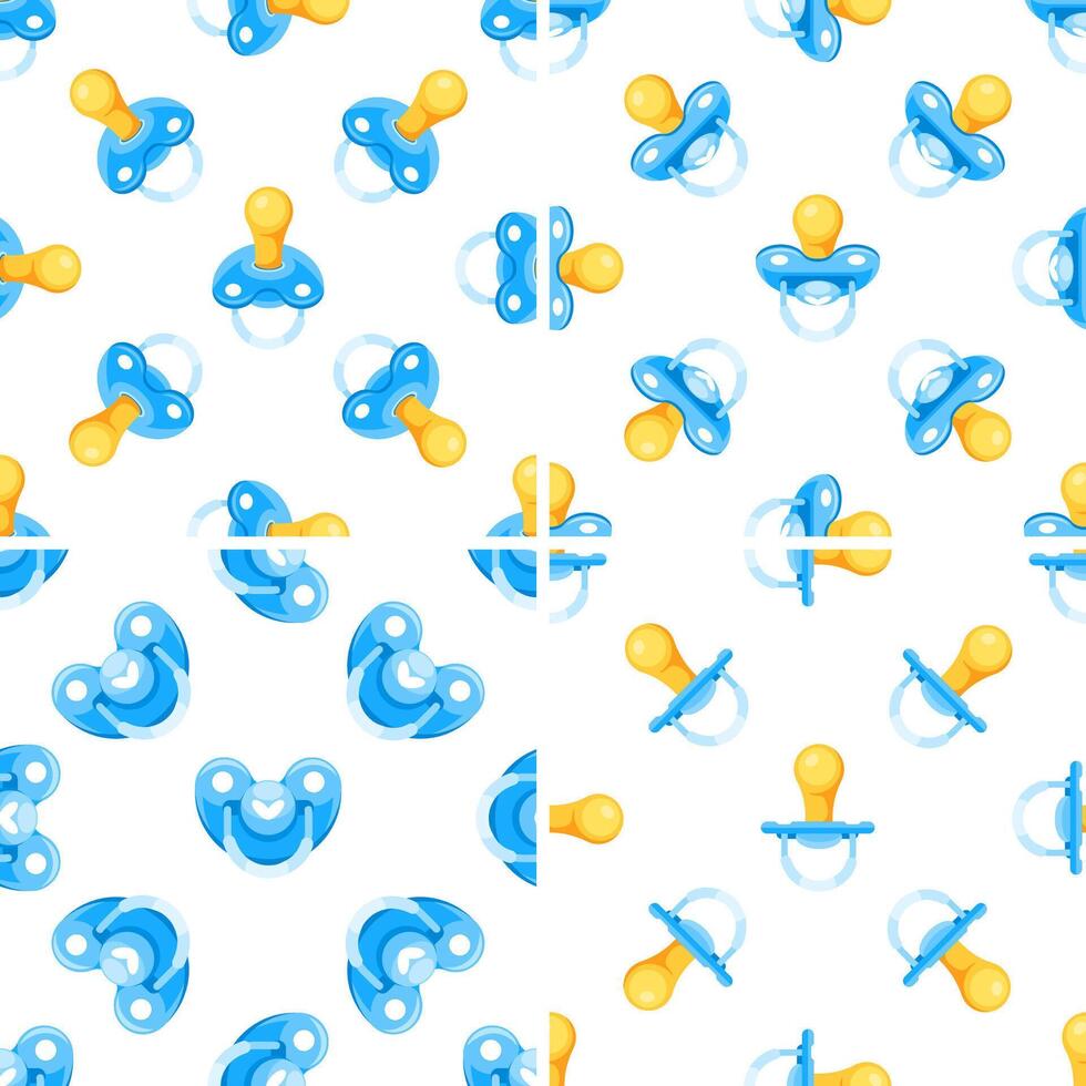 Seamless pattern with baby pacifiers showing different perspectives and shapes, perfect for newborn and childcare projects vector