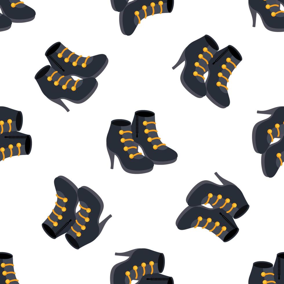 Fashionable black high heeled boots with golden buttons seamless pattern on white background vector