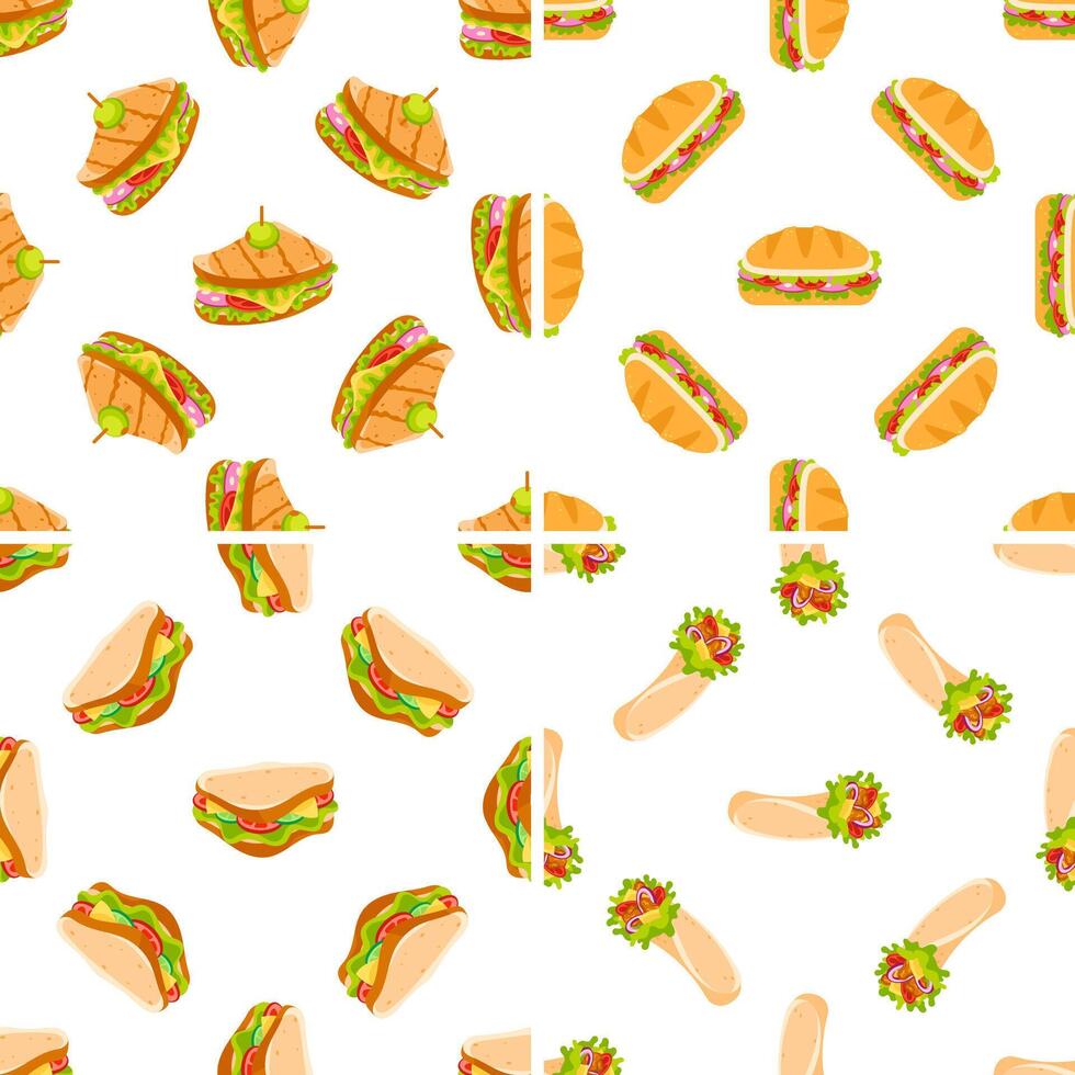 Seamless pattern with sandwiches and wraps showing various fillings including tomatoes, lettuce, cheese, and olives vector