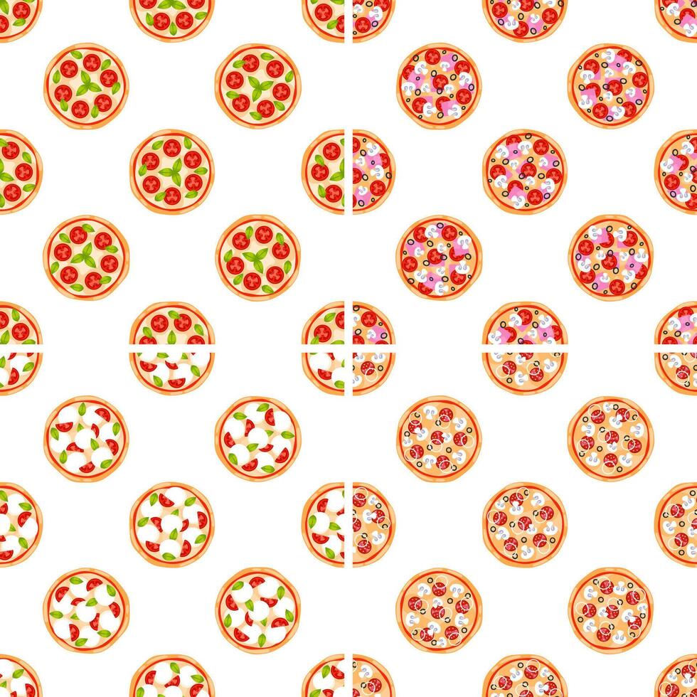 Seamless pattern with different pizzas showing various delicious toppings vector