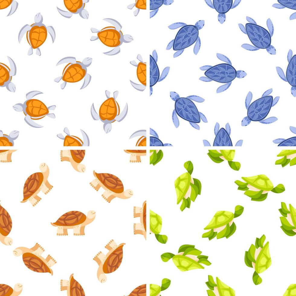 Four seamless patterns with walking and swimming turtles in different colors vector