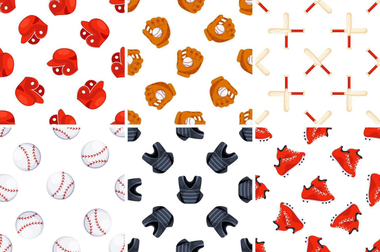 Seamless patterns with baseball equipment including balls, bats, gloves, helmets, cleats and chest protector vector