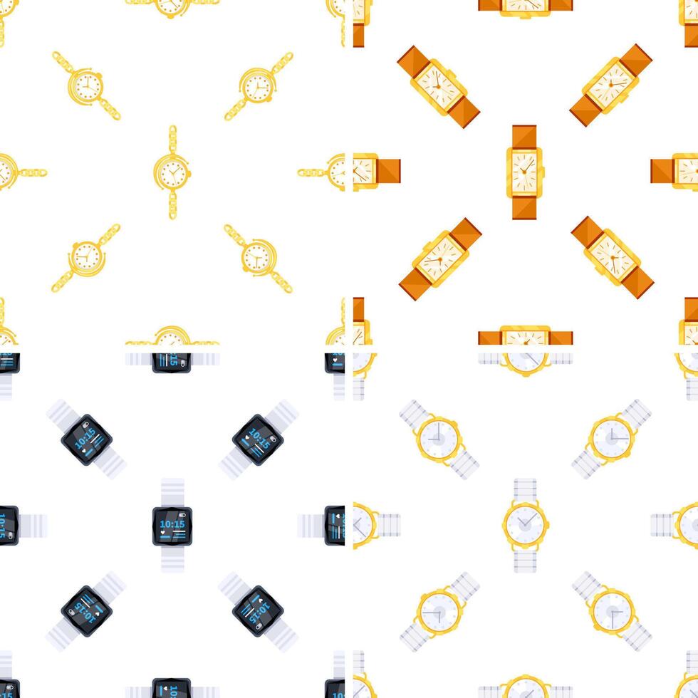 Seamless pattern with classic and smart watches showing different designs and colors vector