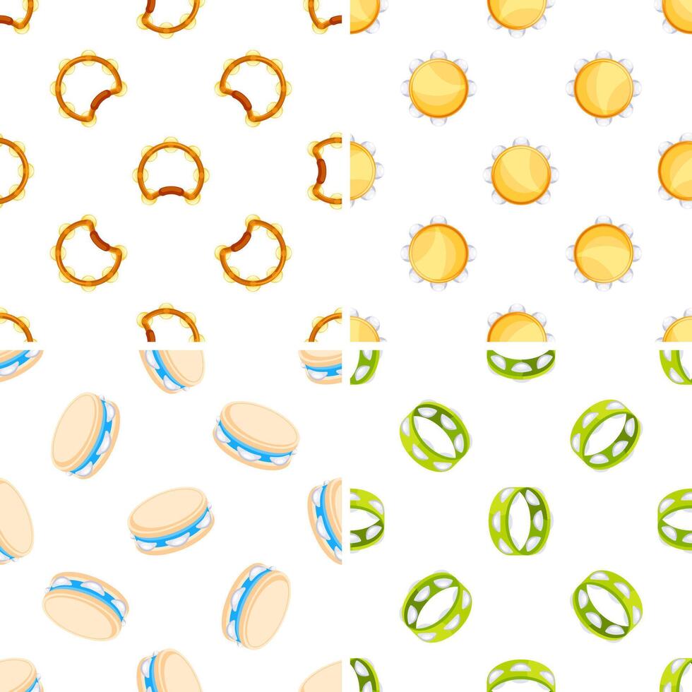 Four seamless patterns with colorful tambourines showing different perspectives and colors, perfect for music themed projects vector