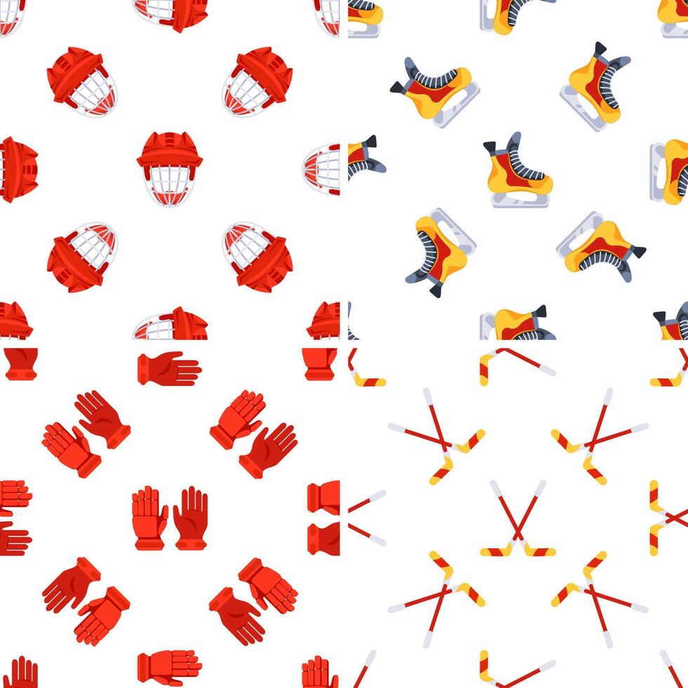 Ice Hockey Equipment Seamless Pattern with Helmet, Skates, Gloves and Sticks on White Background vector