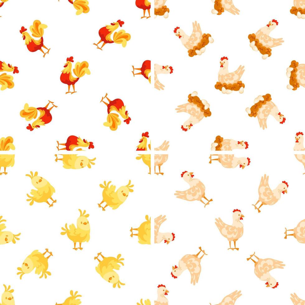 Seamless pattern with roosters crowing and hens laying eggs vector