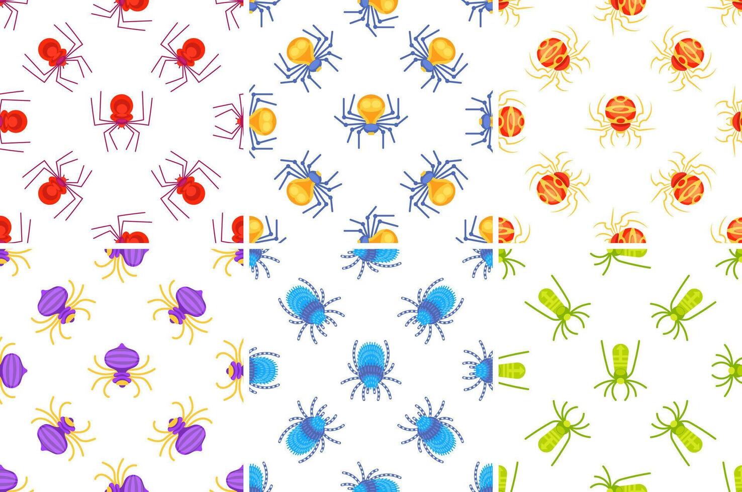 Colorful spider patterns repeating on white background vector