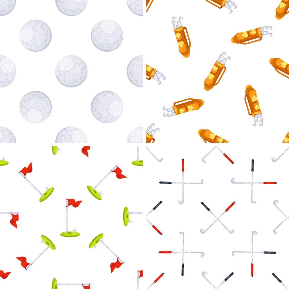 Golf clubs, bags, balls and putting green flags seamless patterns vector