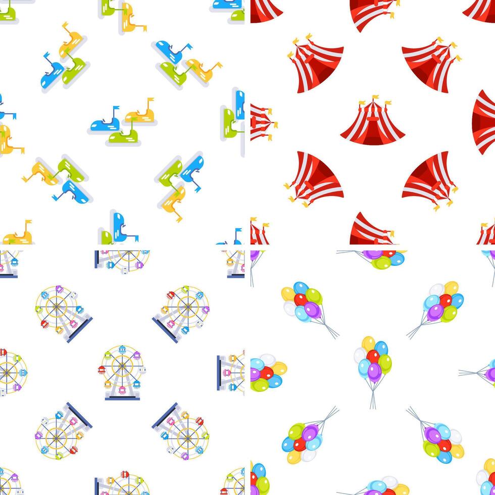 Seamless pattern with colorful amusement park attractions featuring bumper cars, ferris wheel, circus tent and balloons vector