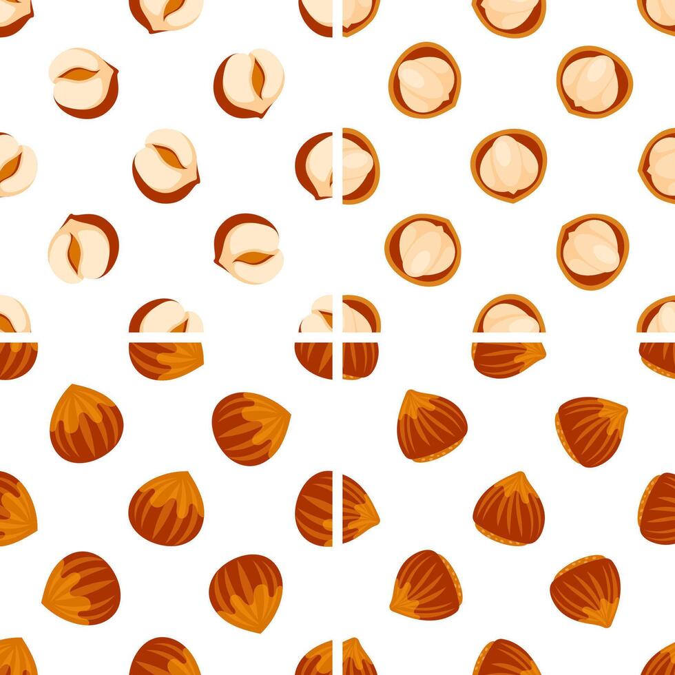 Hazelnut seamless pattern showing whole, half and peeled nuts vector
