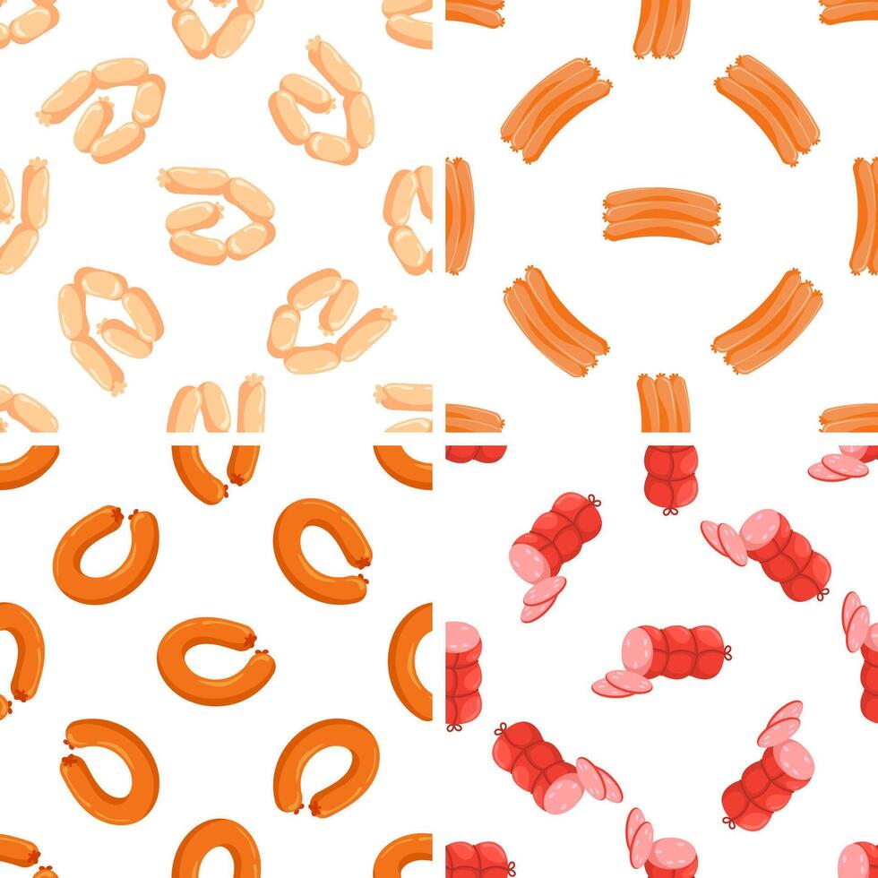 Seamless patterns with different types of sausages forming various compositions vector