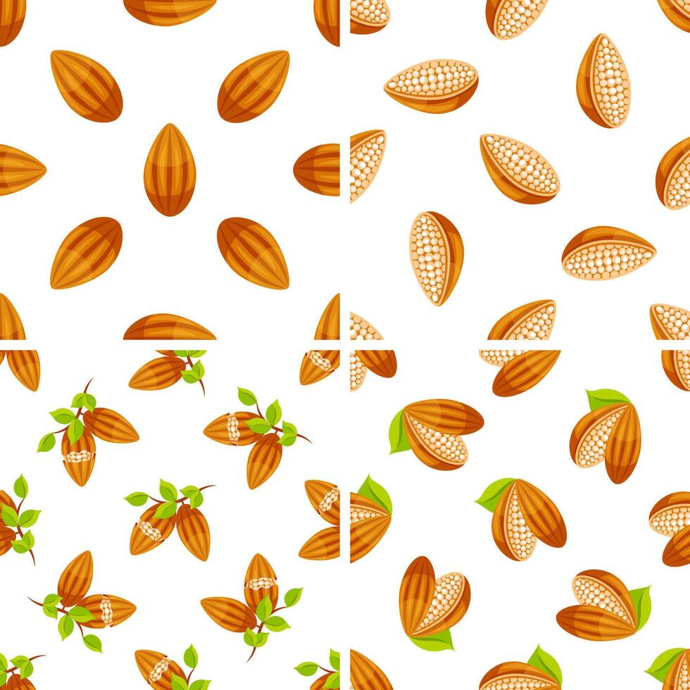 Seamless pattern with cocoa beans showing the inside and the outside with and without leaves vector