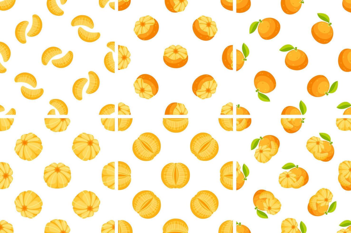 Seamless pattern with fresh ripe mandarins, peeled mandarin slices and mandarin pieces vector