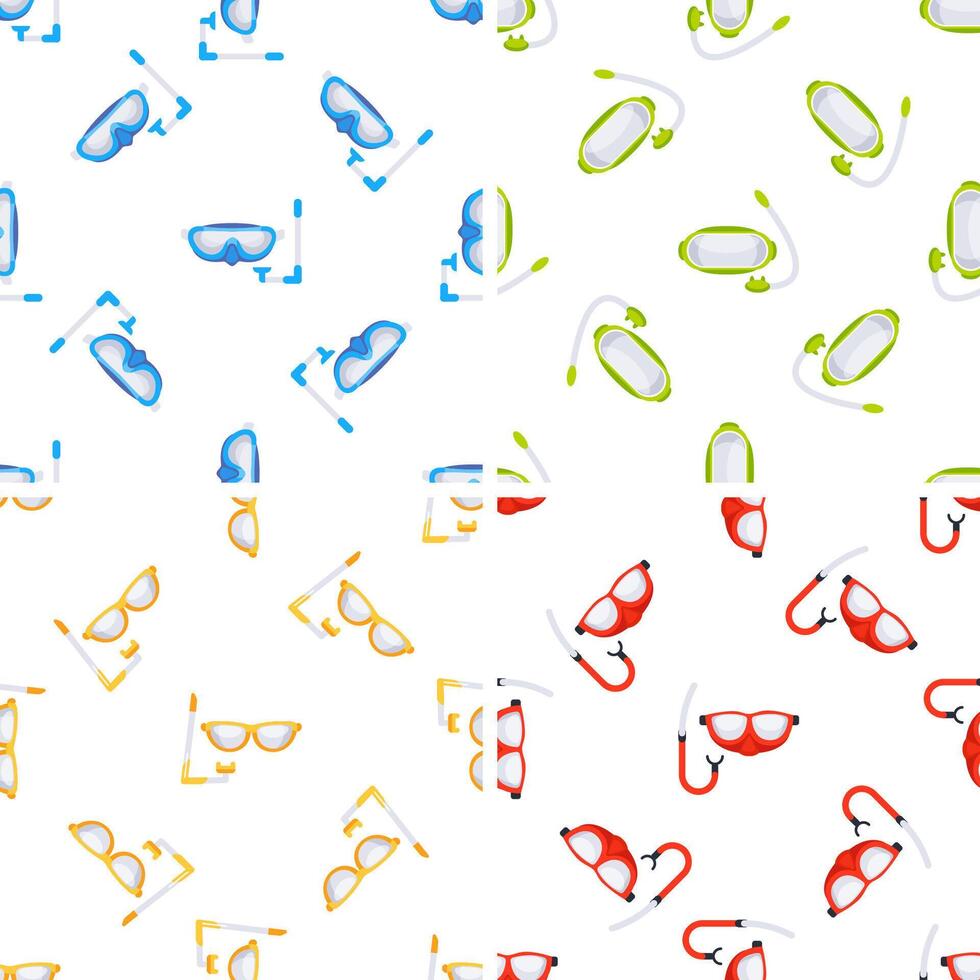 Colorful diving masks and snorkels forming a seamless pattern on white background vector