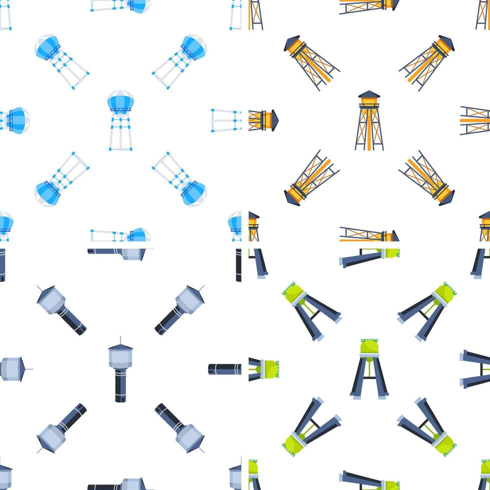Water tower seamless pattern showing different types of water towers rotating and repeating on white background vector