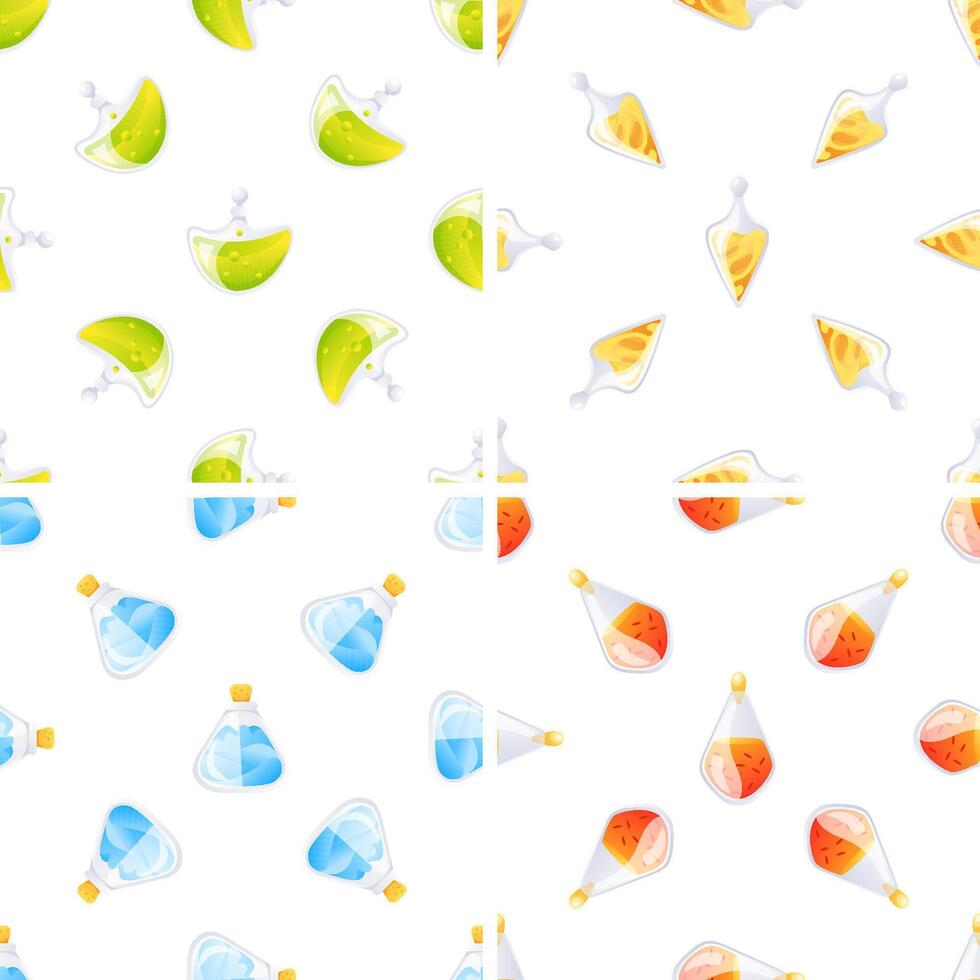 Seamless pattern with colorful magic potions in bottles and vials, repeating on white background vector