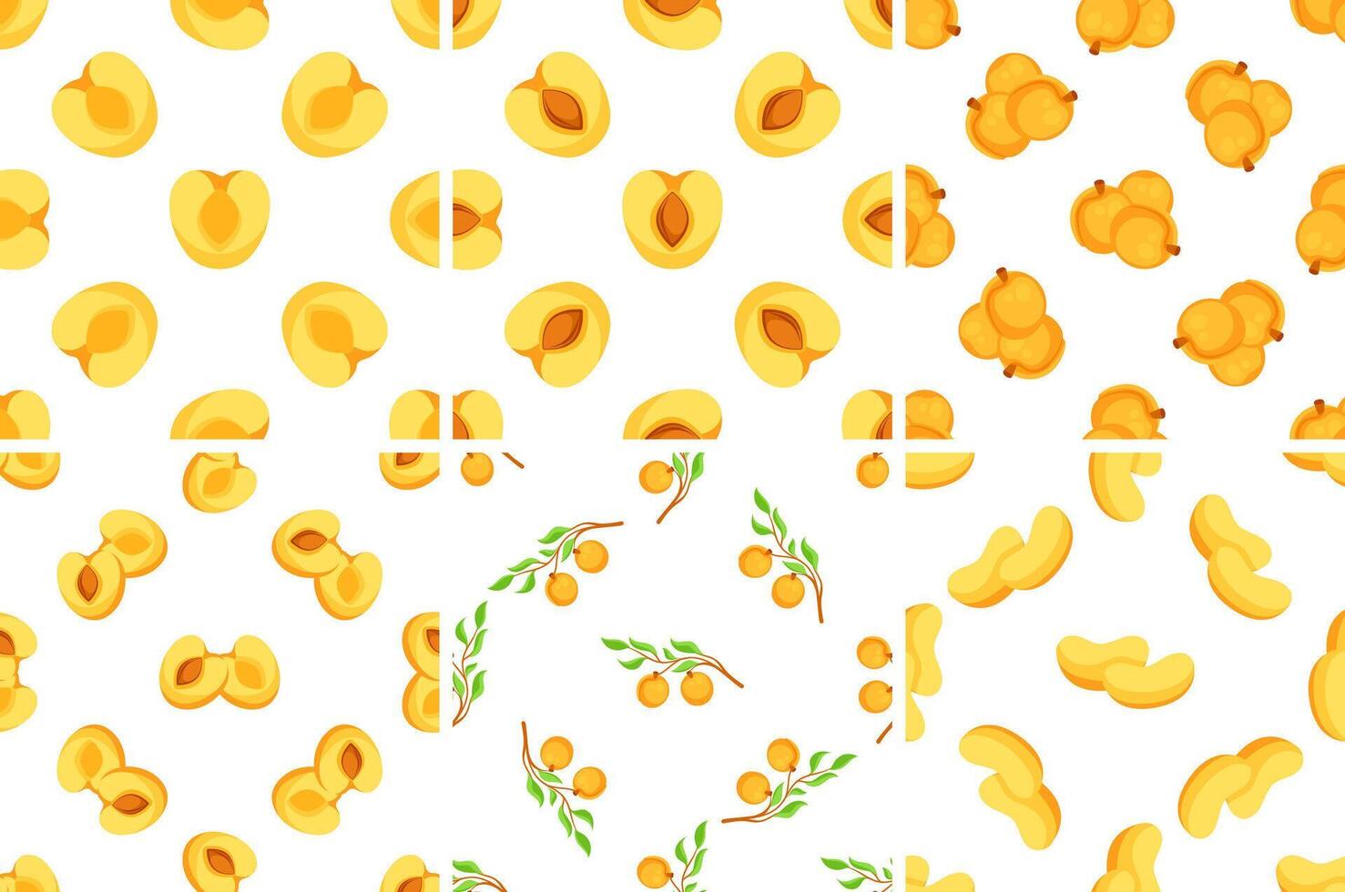 Set of seamless patterns with ripe juicy apricots, whole, halved and sliced with leaves on branches vector