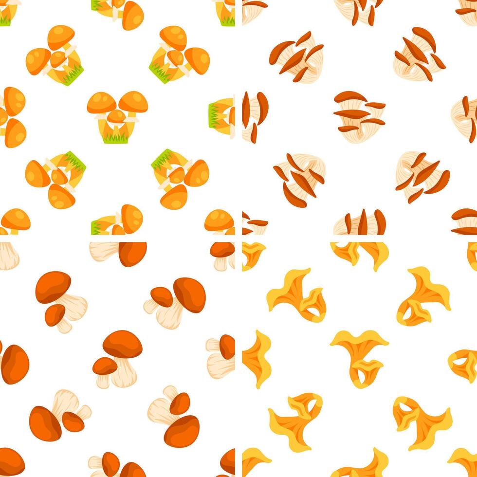 Seamless pattern with different edible mushrooms growing on grass and cut in half on white background vector