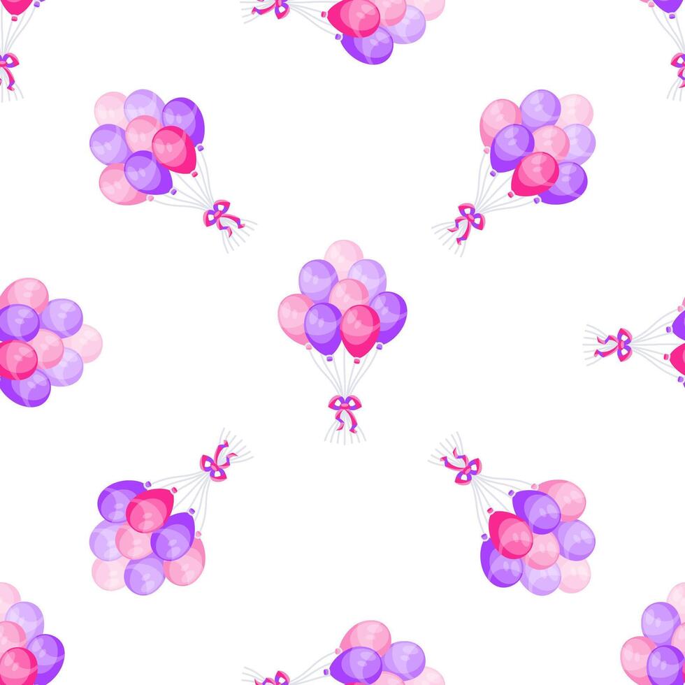 Seamless pattern with pink and purple balloons tied with ribbons floating on white background vector