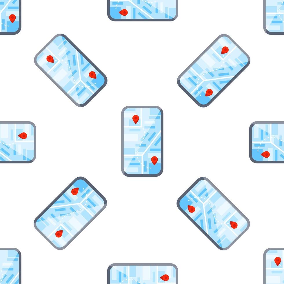 Seamless pattern of smartphone displaying map with gps tracking location, navigation app vector