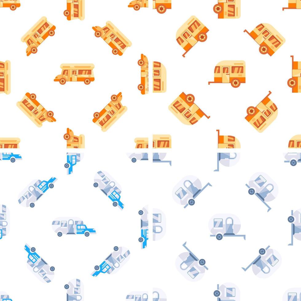 Seamless pattern repeating background texture with travel vehicle motorhome trailer bus for family road trip camping tourism vacation transport vector