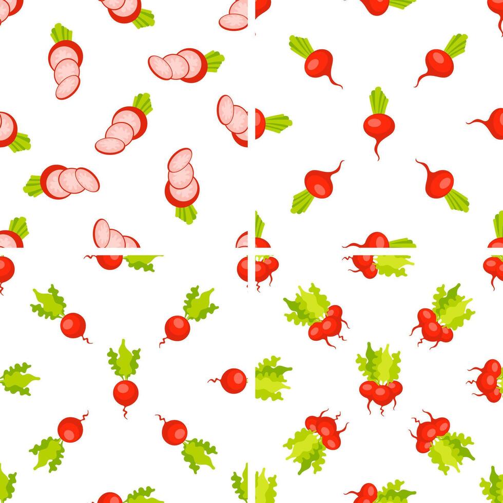 Set of seamless patterns with fresh whole, halved and sliced radish with leaves vector