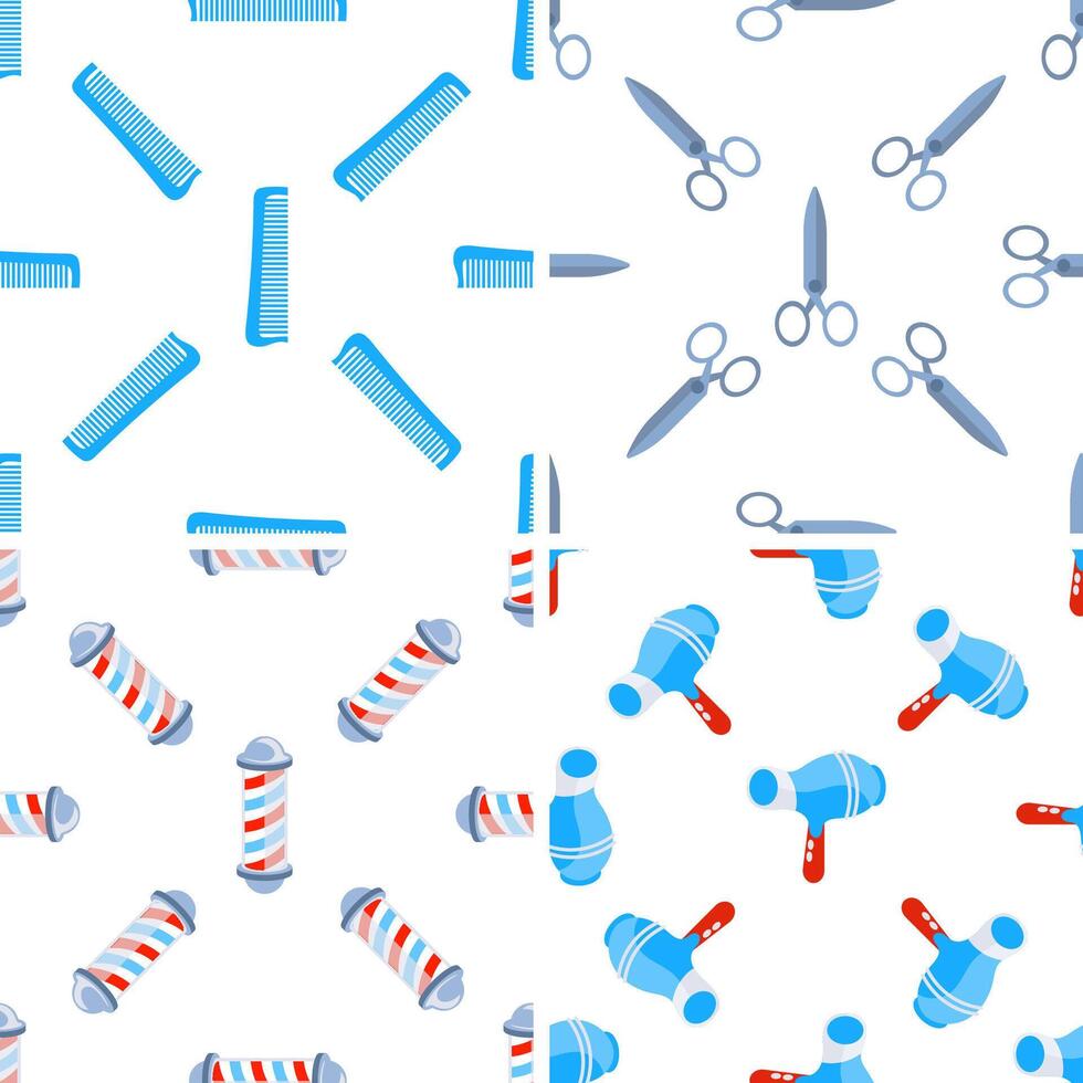 Seamless pattern with barber tools showing combs, scissors, hairdryer and barber poles vector