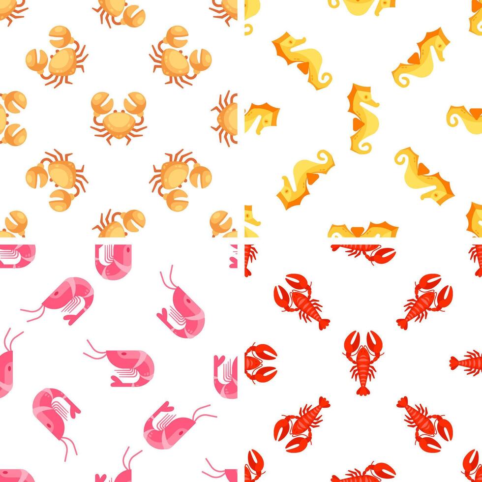 Seamless patterns with sea animals including crab, shrimp, lobster and seahorse vector