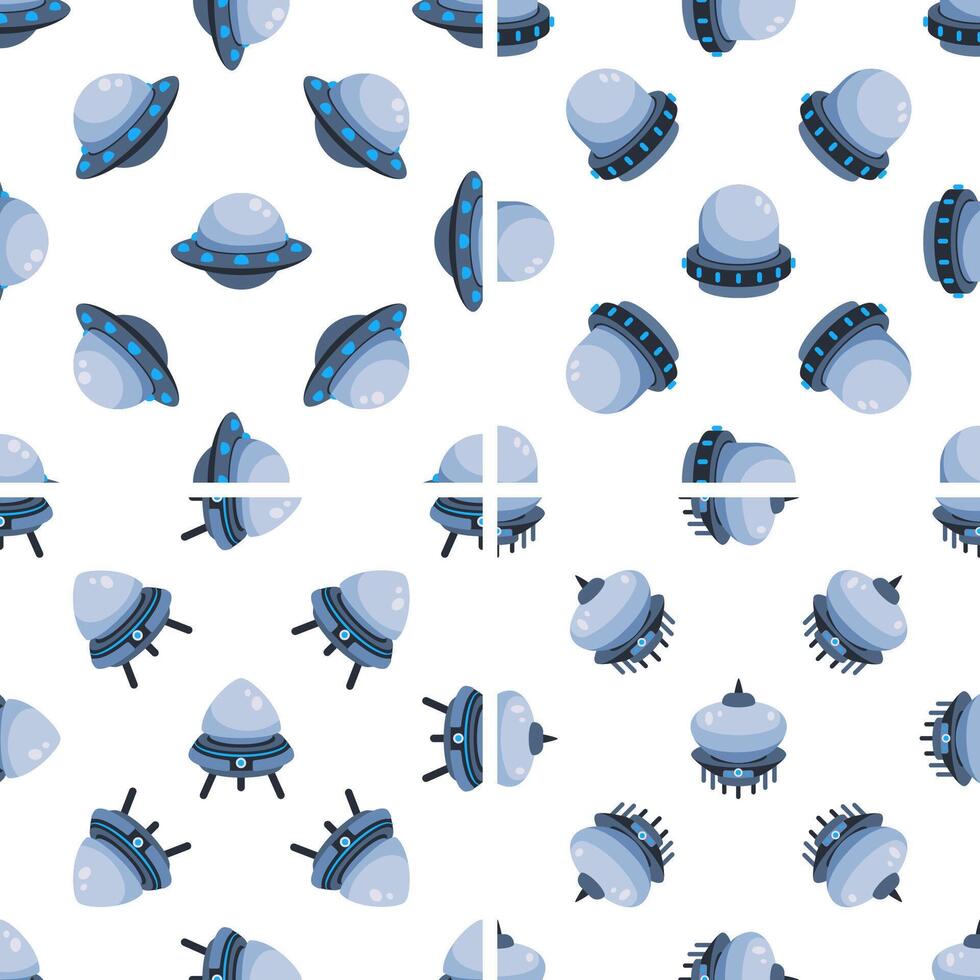 Four seamless patterns with flying saucers hovering and landing vector